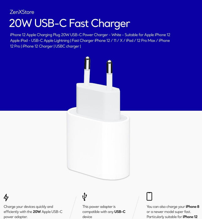 USB‑C oplaad blok voor I-phone 14-13-12-11 USBC naar lichtnet + Apple  USB-C naar Lightning kabel - 20W - 1 Meter geschikt voor Iphone 14-13-12-11