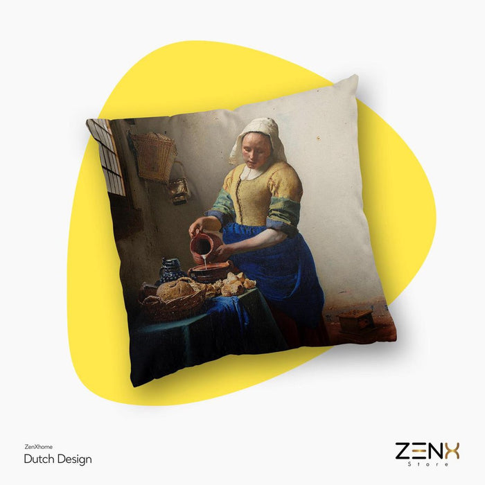 Sierkussens Dutch Design uit Rijksmuseum bij ZenXhome “Het melkmeisje” Vermeer 40X40 inclusief kussens