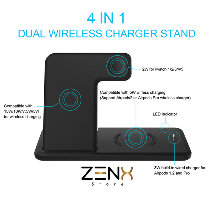 ZenXstore 4-in-1 Draadloze Oplader 15W snellader MagSafe (Inclusief Quick Charge 3.0 stekker) Zwart