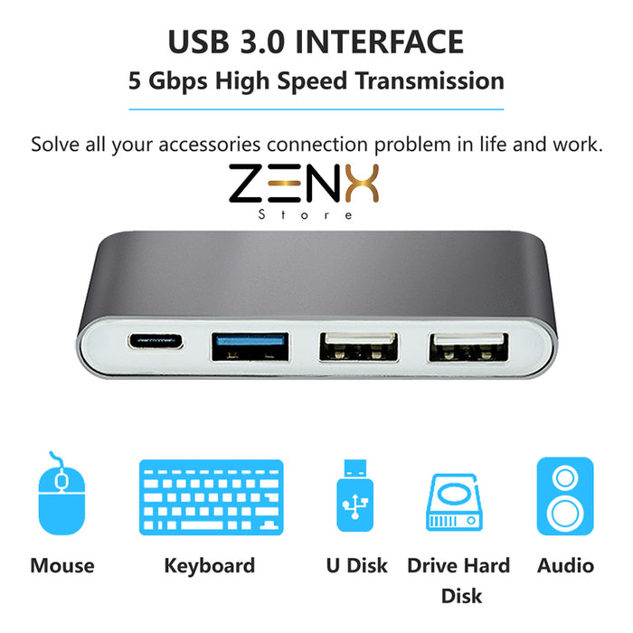 USB C Hub 6 in 1 - USB splitter - USB C dock - USB 3.0 - 4K UHD HDMI - Apple / Chromebook / HP / Asus / Lenovo - Ethernet - ZenXstore®